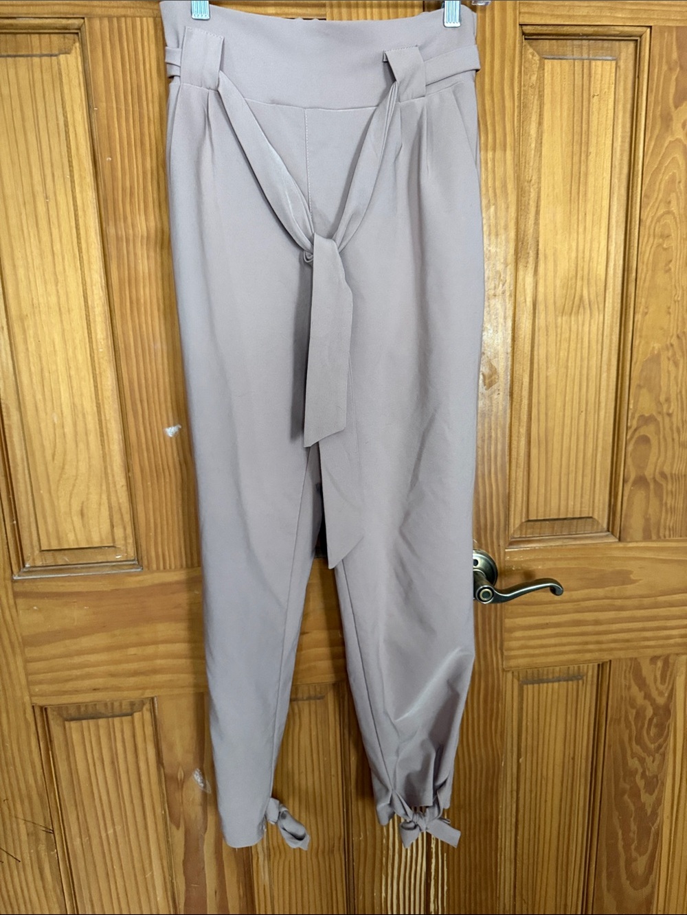High-Waist Tie-Belt Jogger Pants in Mauve Taupe